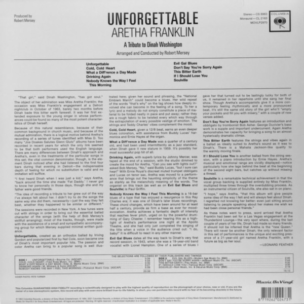 ARETHA FRANKLIN - UNFORGETTABLE - TRIBUTE TO DINAH WASHINGTON (Back)