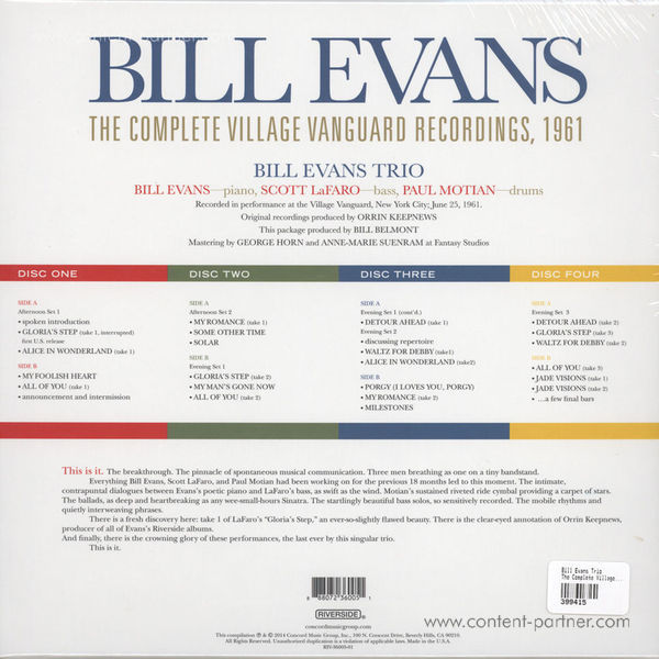 Bill Evans Trio - The Complete Village Vanguard Recordings (4LP Box) (Back)