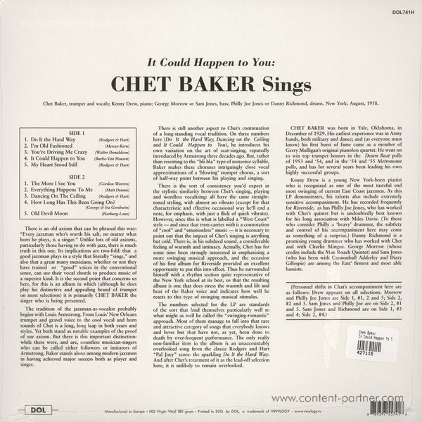 Chet Baker - It Could Happen To You (180g Reissue) (Back)