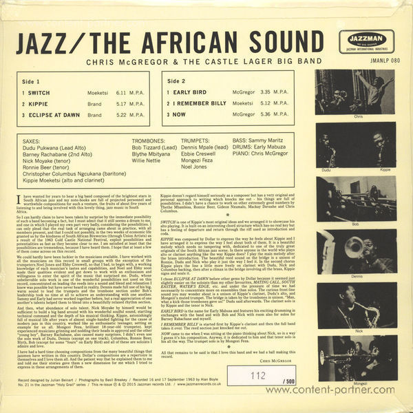 Chris McGregor - Jazz - The African Sound (LP) (Back)