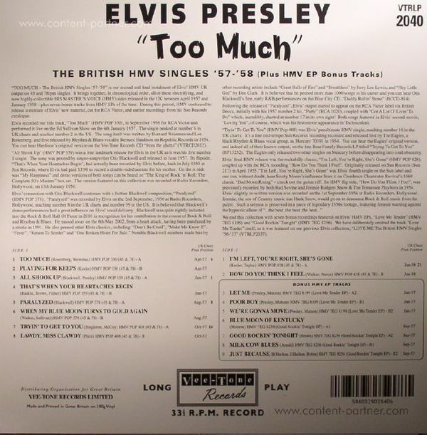 Elvis Presley - Too Much - The British Hmv Singles '57-'58 (Black) (Back)