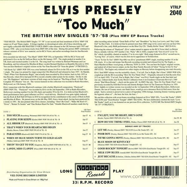 Elvis Presley - Too Much - The British Hmv Singles '57-'58 (Blue) (Back)
