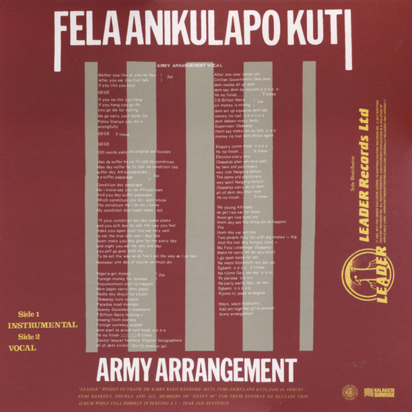 Fela Kuti - Army Arrangement (LP) (Back)