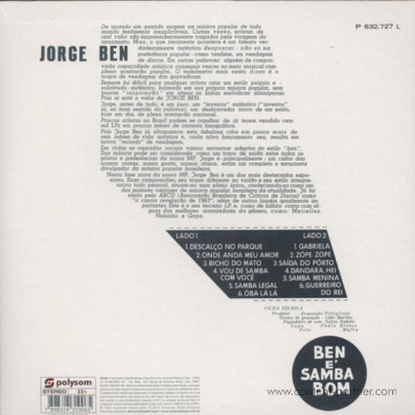 Jorge Ben - Ben É Samba Bom (180gr Repress!) (Back)