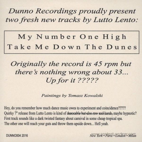 Lutto Lento - My Number One High / Take Me Down The Dunes (Back)