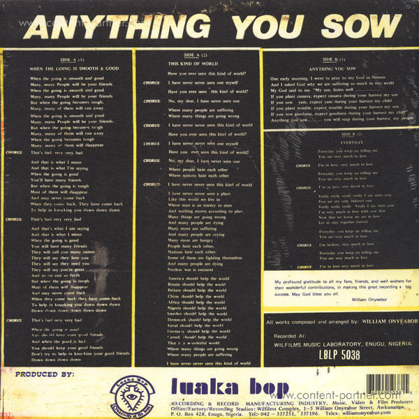 William Onyeabor - Anything You Sow (Re-Issue) (Back)
