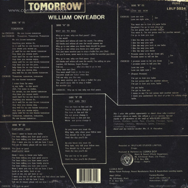 William Onyeabor - Tomorrow (Re-Issue) (Back)